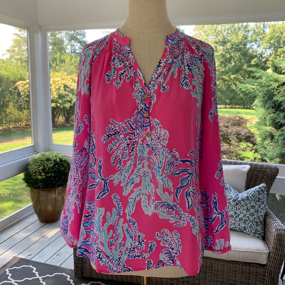 Lilly Pulitzer Pink and Navy Coral Elsa Blouse
